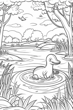 Draw a whimsical scene of a platypus exploring a riverbank, clean line art, white background, no shadows, well outlined, for kids coloring book, cartoon style.