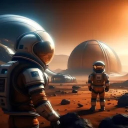 A view of the future Mars developed by mankind, spacecraft, future astronauts, cyberpunk style, space background, cold atmosphere, meeting aliens