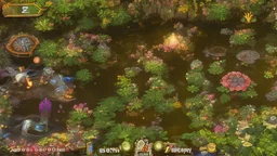 screenshot of a smartphone game, horizontal display, start screen, rear medium shot of a stylized and happy young brown frog with black stripes in its natural habitat at sunset, plain with wetlands, ravines, river with water hyacinth, ceibos and willows, dragonflies, beetles, dewdrops, melancholic and dreamy atmosphere, digital art