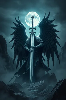 surreal dreamlike scene, stunning warrior fallen angel with sword, mystic gloomy, dark shadows and vertical pale light, stones, rocks, dark vibe, come strom , dark colors, , moon with black darkness, fog, detailed, spalh art, black and white art