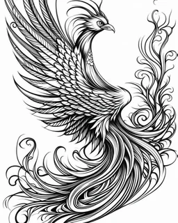 realistic Phoenix tattoo idea, line art, background, vector, svg, black outline on white background, leave plenty of white space beetween lines for coloring, tattoo style, tattoo idea,full body, minimalist