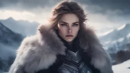 Wlop style, Bathed in cinematic lighting, Epic Masterpiece, 64K, Stunning Eyes, In dim, dramatic lighting, a stunningly mysterious female figure, Details: Edge of Snowy Expanse, Beautiful Woman with Serene Beauty Resembling Barbara Palvin, Wrapped in Royal Furs Armor, Gaze Fixed on Distant Mountains and Winter Landscape | Concept: On the edge of a snowy expanse, a beautiful woman with the serene beauty resembling Barbara Palvin stands wrapped in royal furs armor, her gaze fixed on the distant mo