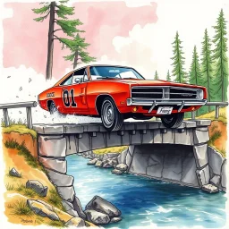 watercolor and ink, dramatic angle of dukes of hazard's general lee - 1969 red dodge charger with "01" on side jumping over a small river from a downed bridge