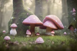 a cute fairy mushroom house pink and blue in the forest, spring time,rabbits, squirrels, flickering light, centered, high-quality, fine-detail, digital art, detailed matte, volumetric lighting, illustration, 3D octane render