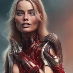 margot robbie, dress red, long black hair, realistic, intriacte detail, sci-fi fantasy style, volumetric lighting, particales,highly detailed,cinamatic, deep colours,8k