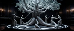 Some well dressed coths figures fighting to contain energy from floating chtonian glowing snakelike transparent moist tree made by twisted snakelike sticks creating weird geometric form in dramatic scene in luxury parlour in the style of Giger and Escher