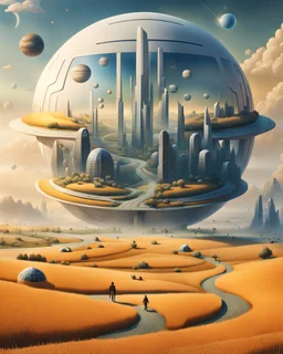 Prompt: A surreal landscape depicting a futuristic city with towering skyscrapers set within a giant spherical structure. In the foreground, winding roads traverse golden fields of wheat, interspersed with small houses and people walking. The background features a blend of natural and urban elements, with planets visible in the sky, creating a harmonious juxtaposition of nature and technology. The overall color palette leans towards soft pastels, evoking a dreamlike atmosphere.