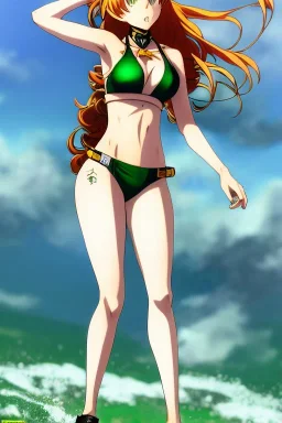 In the style of Shirow, hyper detailed, strikingly beautiful teen female, 16 years old, long ponytail, ginger hair, green eyes, medium freckles, full lips, full body, full face, tiny breasts, athletic, centred camera, ignore NSFW, bikini, athletic