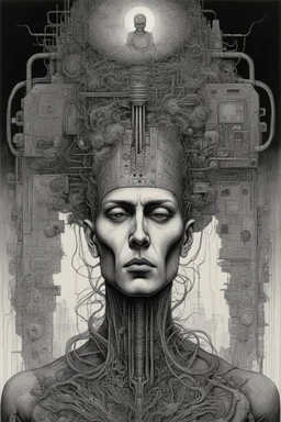 man with a Indian fathers on head with computer chips and a smoke in the background dark a thin line draw ، front view camera, decayed and rotting with grotesque proportions and imagery. surreal horror, biomechanical design, by hr giger and beksinski , fine lines draw