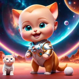 (masterpiece, best quality, 8k, RAW photo, beautiful and aesthetic:1.2), complex detail, Indirect light, photorealistic, (((full body))), Cosmic Boss Baby style smiling, bald, with a ginger cat companion, colorfull Sci-Fi environment