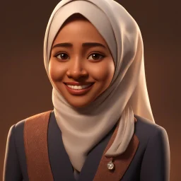 a portrait of smiling moslem woman. indonesian. carricature. thin. wearing white headscarf. warm undertone brown face skin. black eye pupils. diamond face shape. formal blazer dress. pixar style. 3D. 4k. portrait. highly detailed. sharp focus. high resolution. full color. cinema lighting