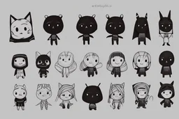 6 simple shaped hand drawn cartoon characters that are cute dark and have hoodies