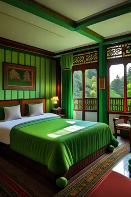 a hotel room with green theme with bhutanese architecture and twin beded