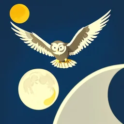 minimalist logo with one owl flying with the moon behind, in style if Saul Bass. Insane minimalism