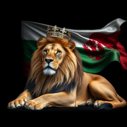 Create A hyper-realistic highly detailed image of a majestic lion lying down, wearing a royal crown. The lion's fur should be rich and textured, with a regal and powerful presence. Behind the lion, the flag of the Republic of Bulgaria waves gracefully, its white, green, and red colors vivid and well-defined. The background should be an elegant, deep black, creating a striking contrast that enhances the grandeur of the lion and the flag. The lighting should be dramatic, with