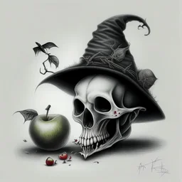 Realistic drawing of a Skull with a Witch hat, Skull has ghost eyes and is eating from a poison apple. Rat walks behind the skull.