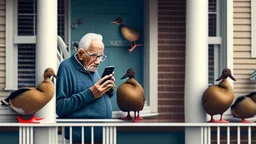 confused older man using cellphone on his porch surrounded by many ducks