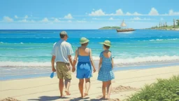 A group of people, likely a family, walking along a beach with a bright blue ocean in the background. The figures appear to be a middle-aged woman, a young child, and an older man. They are dressed in light, summery clothing and the scene has a relaxed, leisurely feel.