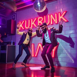 MR Kukrunk is Benny and DJ Roy in a disco, dancing, "Kukrunk" on sign wall, disco light, strobe, disco ball