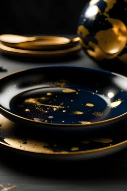 Set of indigo ceramic plates golden splashes