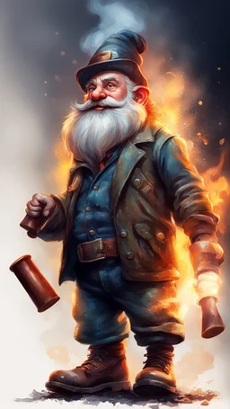 postcard portrait of bard post man sexy gnome fire man with old boots, sledge hammer, in spotlight, magazine cover illustration with spray paint, signed, bokeh like, down-light, unreal engine, prize winning