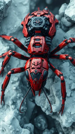 A dynamic aerial view showcasing the fusion of organic and Neumorphism elements, depicting a fully red mecha-ant. Its intricate mechanisms are driven by interlocking gears and complex mechanical teeth embedded throughout its massive frame. The larva's mane is ingeniously replaced with a rotating gear system, amplifying its cybernetic presence. With hyper-techno aesthetics, it prowls silently through the dense, mist-laden snow ice rock
