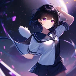 Clear focus,High resolution, Black short fluffy hair, and purple eyes, wearing a sailor uniform, must wear a short skirt,mad pose, in space, magical