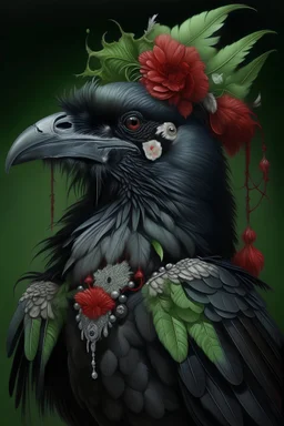 crow portrait, textured detailed feathers adorned with rococo style green and black and red pearls, diamond headdress, florals, organic bio spinal ribbed detail of detailed creative 3d rococo style light white floral background extremely detailed hyperrealistic maximálist concept art