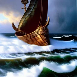 portrait of 'Viking Ship on rough seas',snow,viking with horned helmet,ancient armor,painting by Earl Norem, simon Bisley,frazetta evan lee, Vallejo,kelly oil on canvas, cinematic composition, extreme detail,fit full head inside picture,8k