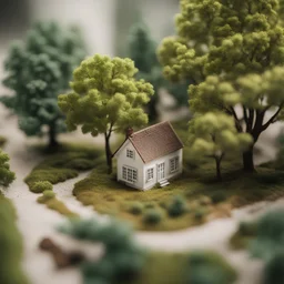 a tree, miniature, a house on the tree, shot from above, realistic, between leaves, cinematic, heavy light, cute, 3d, white walls, sunny, dev on leaves