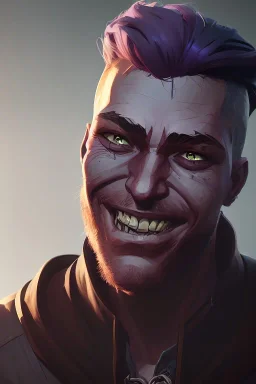 portrait,badass white man, smiling, shor hair, post-apocalyptic in a cyberpunk city, realistic, intriacte detail, sci-fi fantasy style, volumetric lighting, particales,highly detailed,cinamatic, deep colours,8k