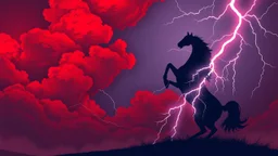 silhouetted horse rearing up(on right, facing left, outlined by lightning), red cloudy sky, lightning bolts(from top left, to bottom right), fantastic illustration