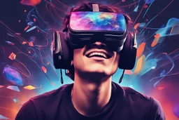 A young man wearing virtual reality glasses immersed in a vibrant 3D world, displaying a mix of awe and excitement on his face. Wires flow from the glasses, highlighting intricate technological details. Abstract shapes and images float in the background, creating a unique and immersive VR experience. 'The Future of Virtual Reality' logo appears in the bottom right corner, adding a touch of futuristic innovation.