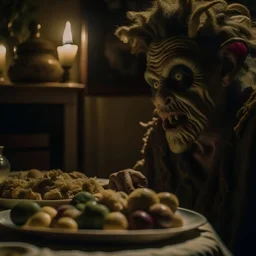 Strong texture, photorealism, Caravaggio, Arcimboldo. Intricate patterns, hypermaximalist. Photo made of inside house, an eerily mysterious, hidden and odd person is eating, a witchy house, sober style, pastel colors. Movie shot, spooky. Sinister scribbles, 33mm photography. Beasts