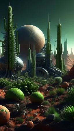 sci fi planet, cactus garden, busy city