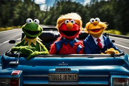 World Class Photograph of 3 Sesame Street muppets sitting in a convertible car on a road trip - one is Kermit the Frog, one is Cookie Monster, and one Looks exactly like Donald Trump