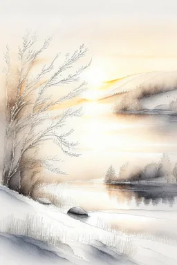 Rolling hills, lake, winter, snow, sunrise Modifiers: smooth intricate high definition beautiful lighting pencil sketch watercolor polished warm light watercolor and ink LNF