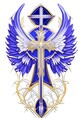 Detailed outline sketch of a sapphire blue, purple and gold logo for Roman Catholic's Parish with a white background, cross, angel white wings, full frame, very very detailed, 2d rendering. highly detailed, digital painting, illustration, smooth, sharp focus, balance lines