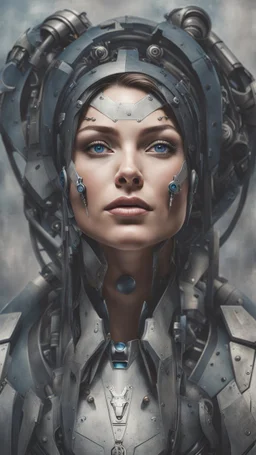 Cyborg female evolving | concrete floor | detailed | fine art | highly detailed | smooth | sharp focus | ultra realistic | full body portrait view, Mysterious,blue metal, smile