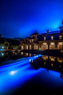 blue mansion with a huge infinity pool and lambergeaney at night