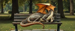 master oil painting by Rembrandt, flat paper dragon person sleeping on a bench in the park