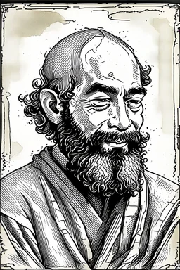 Portret de calugar tanar , incadrat bine cu margini albe, in pagina , deseneaza cu penita cu tus negru cu linii bine definite , si coloreaza cu acuarela , un sketch minimal art , hasurat cu linii fine , cu mare acuratete si contrast , stil gravura pe metal ,