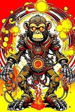 Mechatronic monkey with visible gears on fire in japanese comic book style