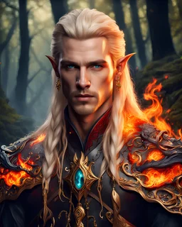 Handsome fantasy male elf mage, with long blonde hair shaved left, emerald green eye, golden earrings, no facial hair, intricate fiery mystical symbols on his black and gold leather armor, an ancient forbidding dark forest, fire, red dragon in the background, detailed, high resolution, fantasy portrait, photo shooting