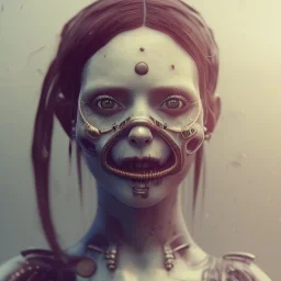 a cute smiling girl with her mother, red tattoo in the face, steam punk, scary, horror, realistic, made in octane, cinematic, movie, CGI, ultra-realistic, extremely detailed octane rendering, 8K, VRAY Super Real ar 2:3, dof photorealistic futuristic 50mm lens hard lighting dark gray tintype photograph, realistic lighting, sephia colors