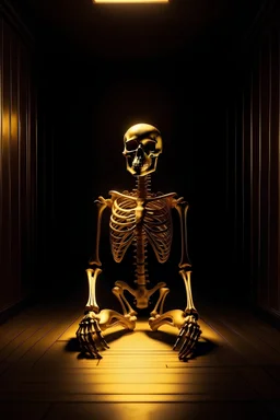 a golden skeleton in the middel of a dark room, sad