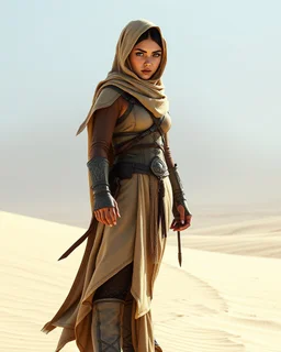 Dune Movie character ,fullbody stand on the desert Young Woman Warrior futuristic clothing hijab,deep blue eyes in Dune Movie Character