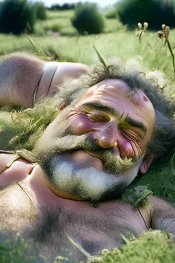 Close up photography, 35mm lens lens, a happy smiling muscular Sardinian shepherd burly chubby man 58 years old, lying down in the meadow near a little tree, ugly and dirty, bullneck, manly chest, in tank top and overalls, wild white beard, ambient occlusion, strong sunshine, emotive eyes, misery and poverty, side view