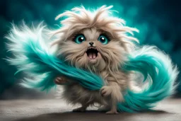 cute dust bunny fizzgig being swept into a magical wind vortex, fluffy gray fur, detailed fur texture, oversized expressive eyes, open mouth panic fearfull expression, dynamic diagonal motion pose, limbs reaching forward, body tilted in perspective, sense of speed and motion, flowing translucent teal and aqua wind ribbons, spiraling air currents forming a curved arc, soft tornado funnel in the top corner, painterly semi-transparent wind, 3d puppet