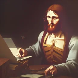 leonardo da vinci works in his study on a laptop at his desk. painting in photoshop. hyperdetailed, warm colors, movie poster, photoillustration, oil on canvas, lens flare